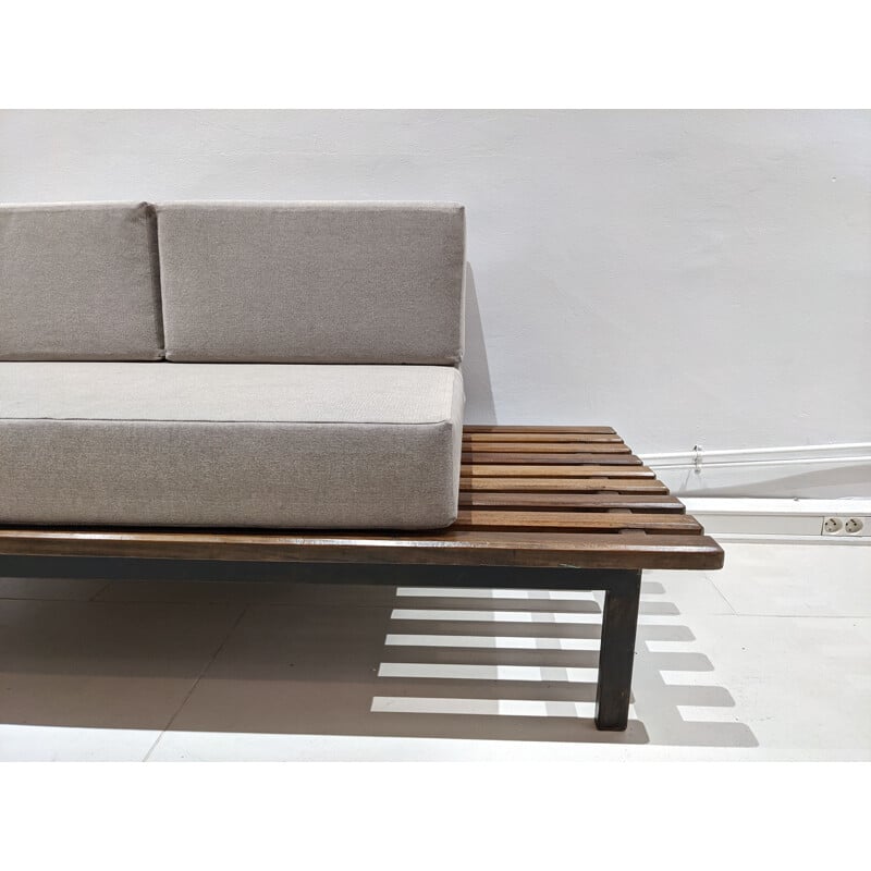 Vintage Cansado bench with mattress and cushions by Charlotte Perriand 1954s