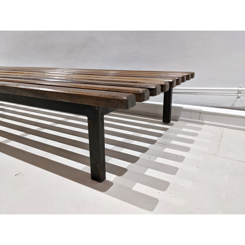 Vintage Cansado bench with mattress and cushions by Charlotte Perriand 1954s