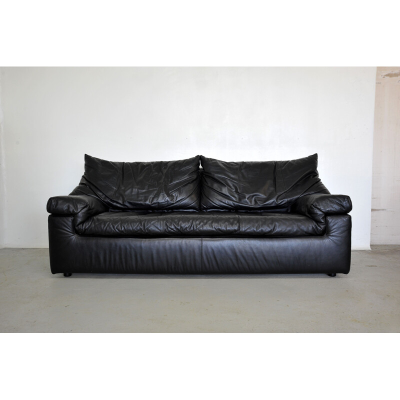 Vintage black leather sofa by Cinna 1980s