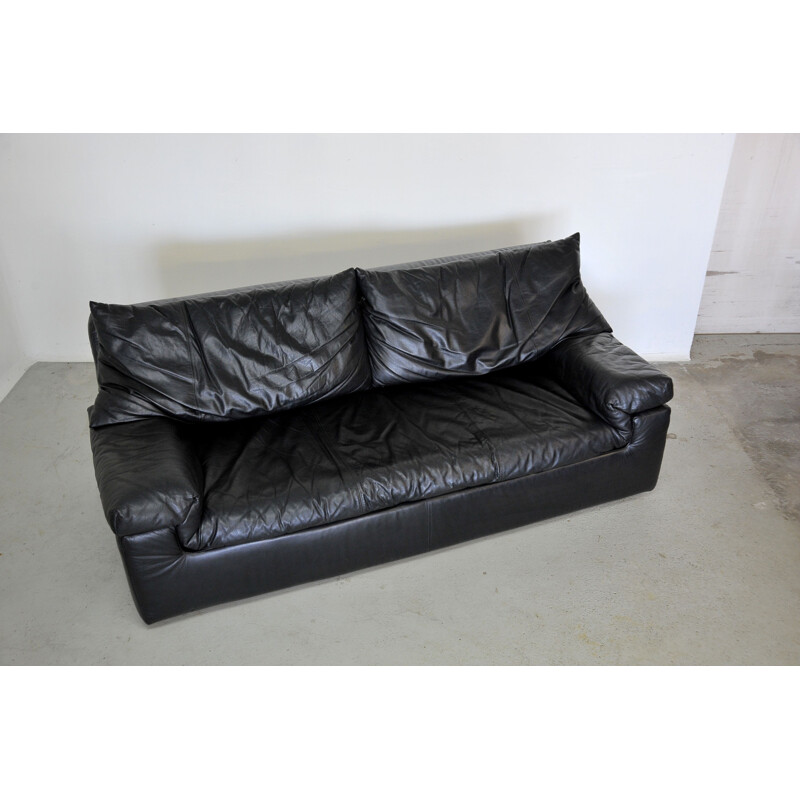 Vintage black leather sofa by Cinna 1980s