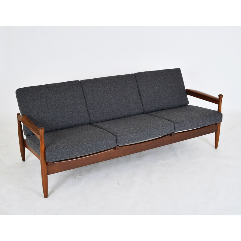 Vintage Modern African Teak Guy Rogers Grey Three-seat Sofa, English 1960s