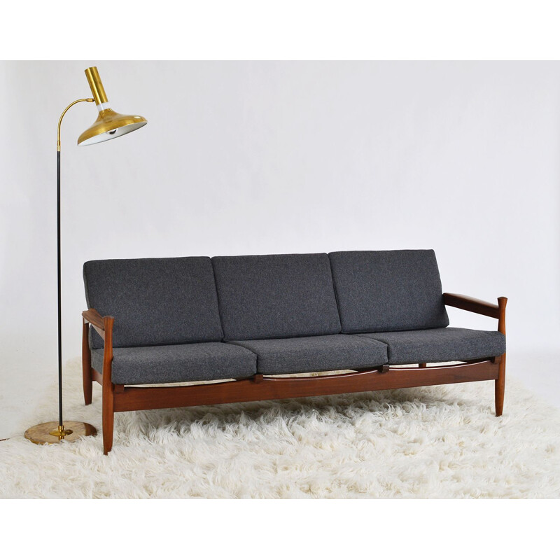 Vintage Modern African Teak Guy Rogers Grey Three-seat Sofa, English 1960s