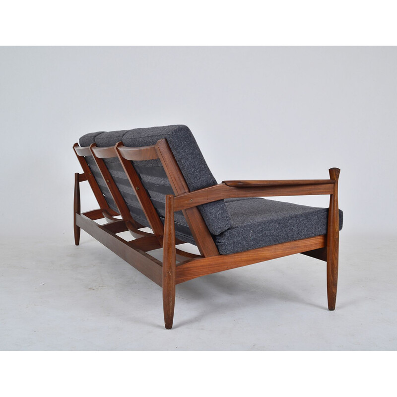 Vintage Modern African Teak Guy Rogers Grey Three-seat Sofa, English 1960s