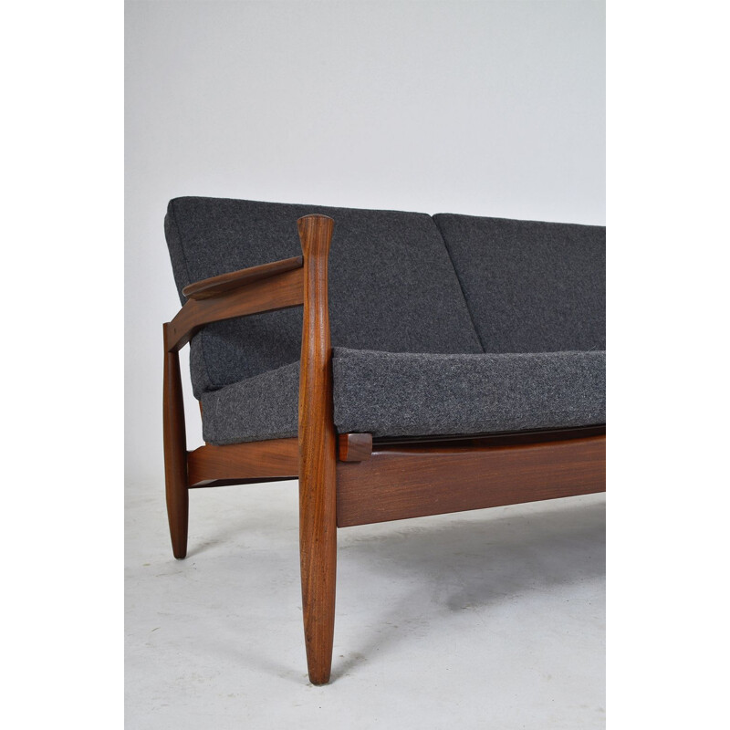 Vintage Modern African Teak Guy Rogers Grey Three-seat Sofa, English 1960s