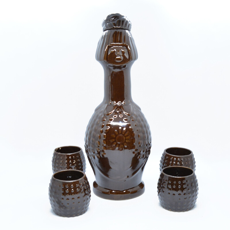 Vintage ceramic decanter and glasses by Bronisław Wolanin, Poland 1960
