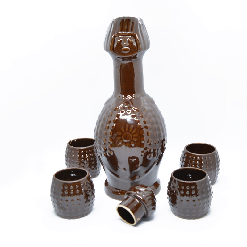 Caraffa e bicchieri in ceramica vintage di Bronisław Wolanin, Polonia 1960
