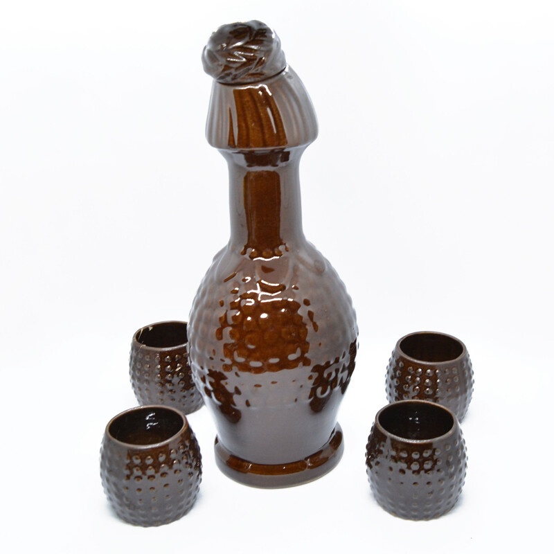 Vintage ceramic decanter and glasses by Bronisław Wolanin, Poland 1960