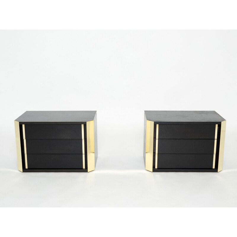 Pair of vintage black stained oak and brass bedside tables, Italy 1970s