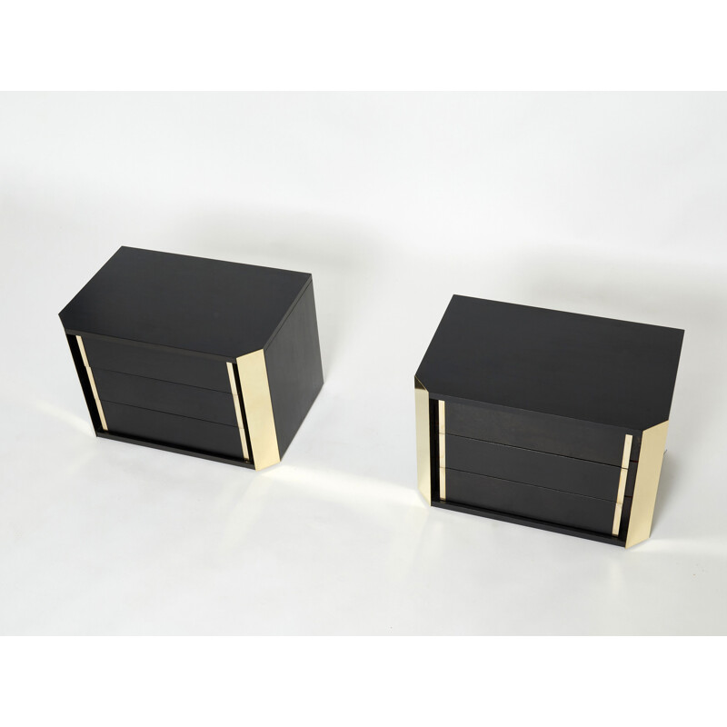 Pair of vintage black stained oak and brass bedside tables, Italy 1970s