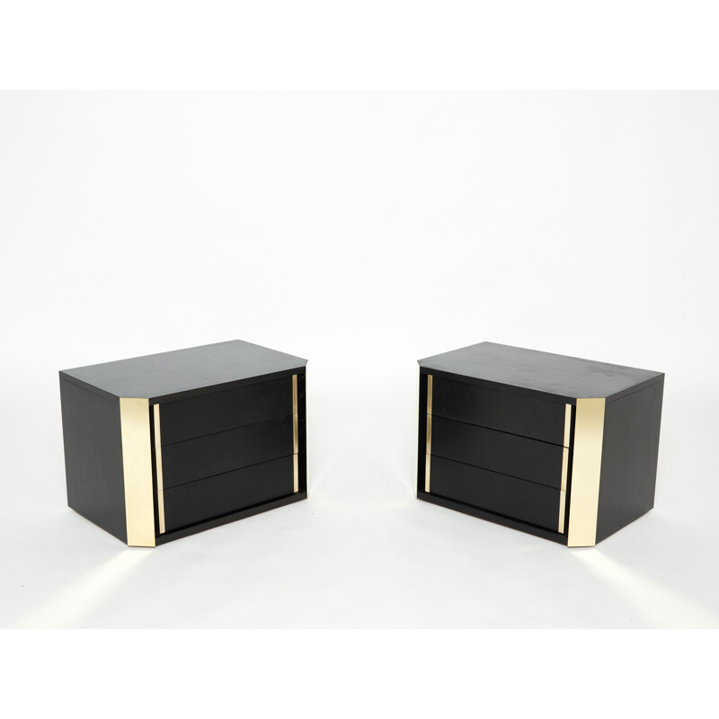 Pair of vintage black stained oak and brass bedside tables, Italy 1970s