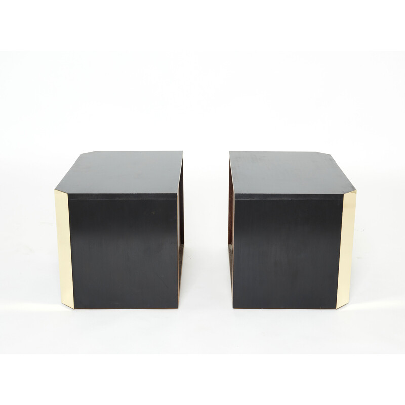 Pair of vintage black stained oak and brass bedside tables, Italy 1970s