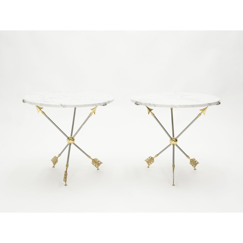 Pair of vintage neoclassical brass marble pedestal tables by Jansen 1970s