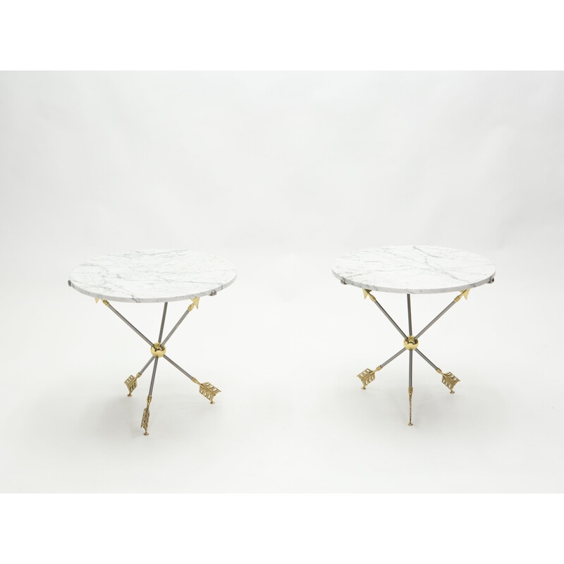 Pair of vintage neoclassical brass marble pedestal tables by Jansen 1970s