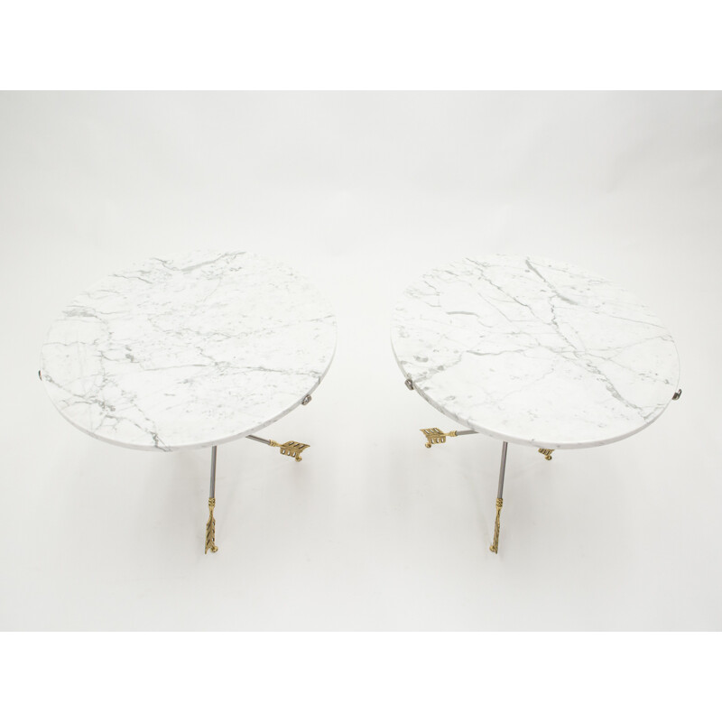 Pair of vintage neoclassical brass marble pedestal tables by Jansen 1970s