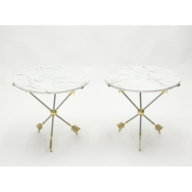 Pair of vintage neoclassical brass marble pedestal tables by Jansen 1970s