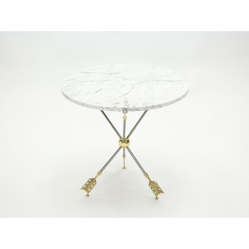 Pair of vintage neoclassical brass marble pedestal tables by Jansen 1970s