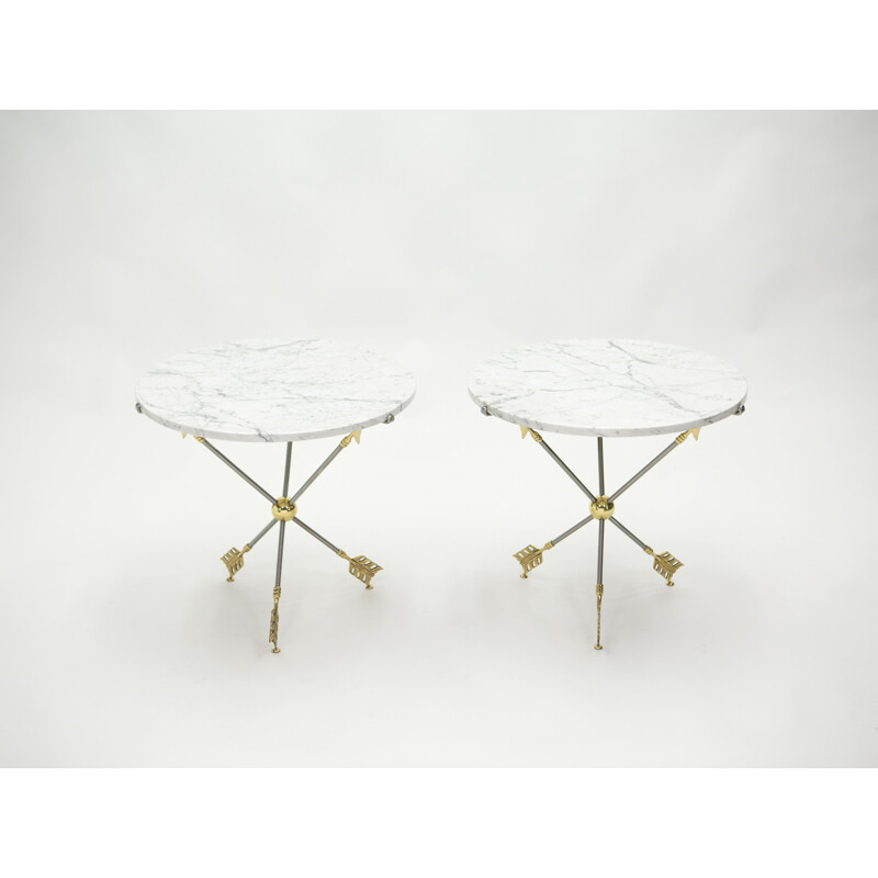 Pair of vintage neoclassical brass marble pedestal tables by Jansen 1970s