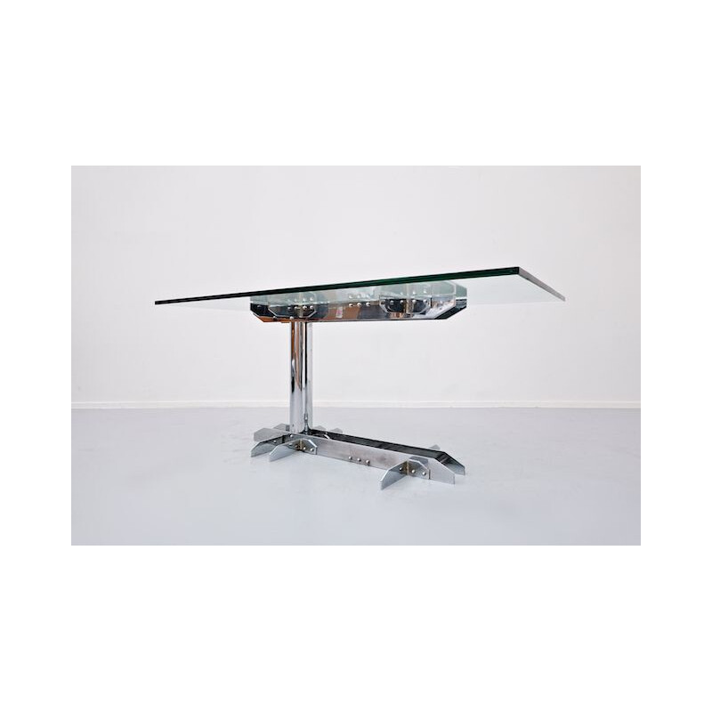 Table de bureau vintage en acier et verre, Italie 1970