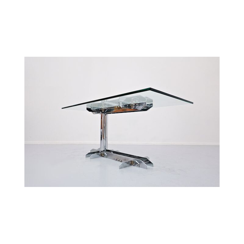 Table de bureau vintage en acier et verre, Italie 1970