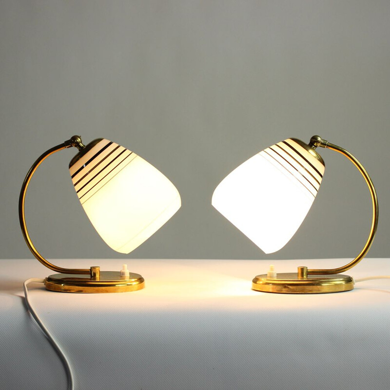 Pair of vintage Bedside Lamps In Brass And Frost Glass Kamenicky Senov, Czechoslovakia 1960s