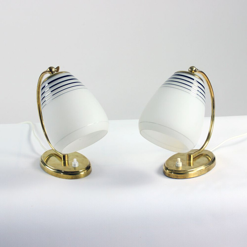 Pair of vintage Bedside Lamps In Brass And Frost Glass Kamenicky Senov, Czechoslovakia 1960s