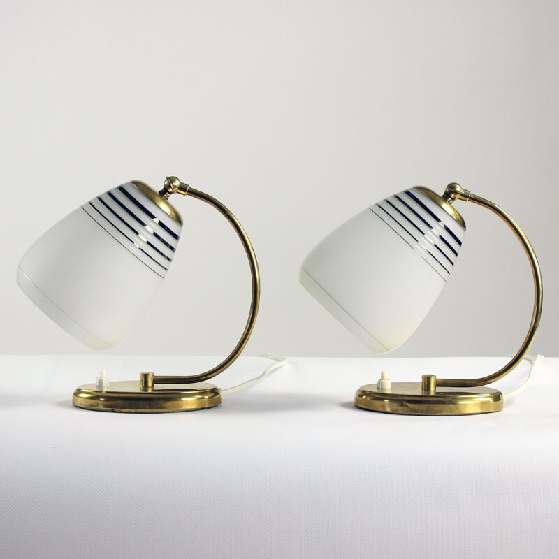Pair of vintage Bedside Lamps In Brass And Frost Glass Kamenicky Senov, Czechoslovakia 1960s