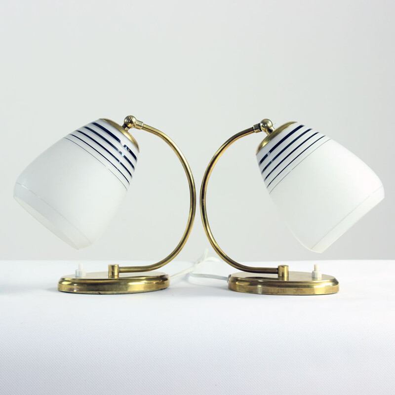 Pair of vintage Bedside Lamps In Brass And Frost Glass Kamenicky Senov, Czechoslovakia 1960s