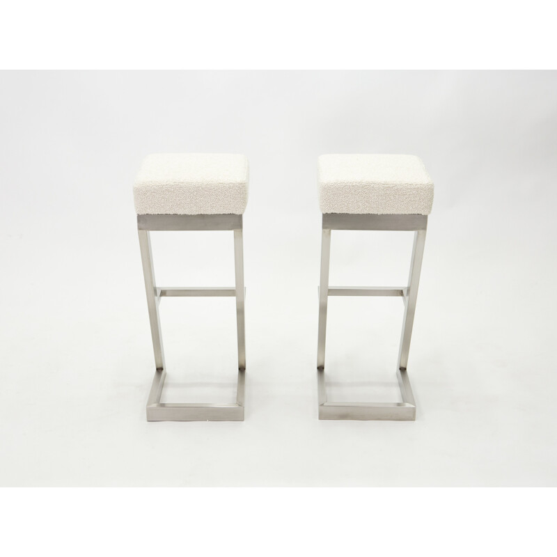 Pair of vintage bar stools in brushed steel wool loop 1970s