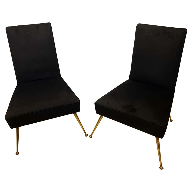 Pair of vintage Modern Brass and Black Velvet Armchairs, Italian 1950s
