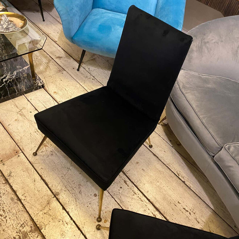 Pair of vintage Modern Brass and Black Velvet Armchairs, Italian 1950s