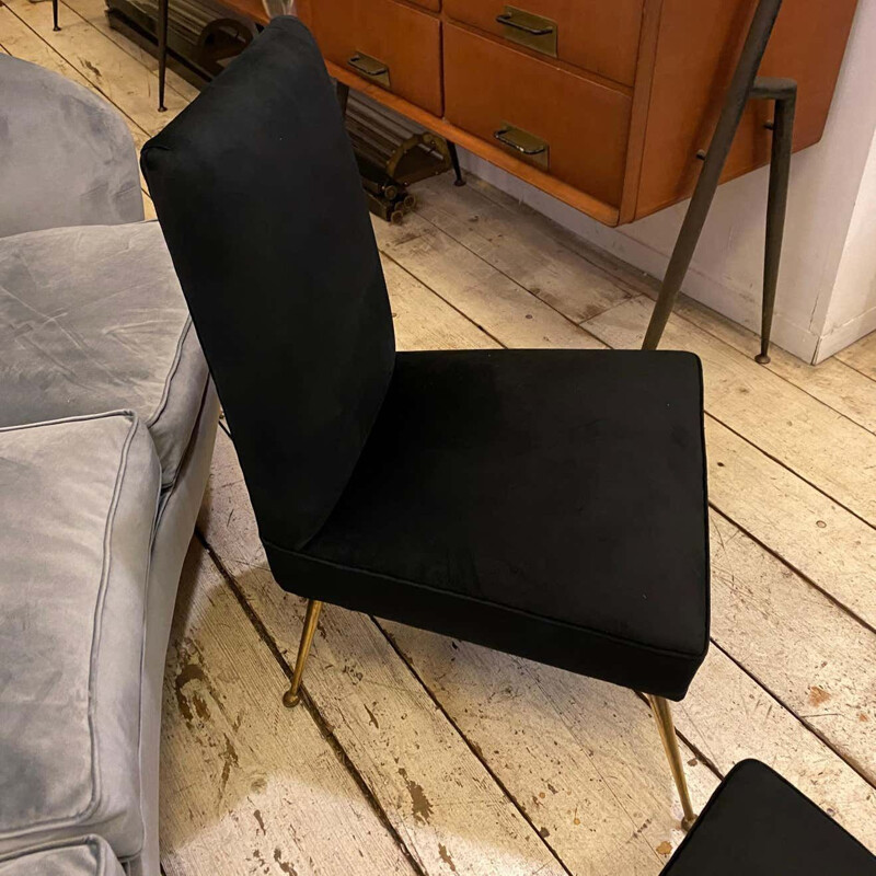 Paire de fauteuils vintage modernes en laiton et velours noir, Italiens 1950