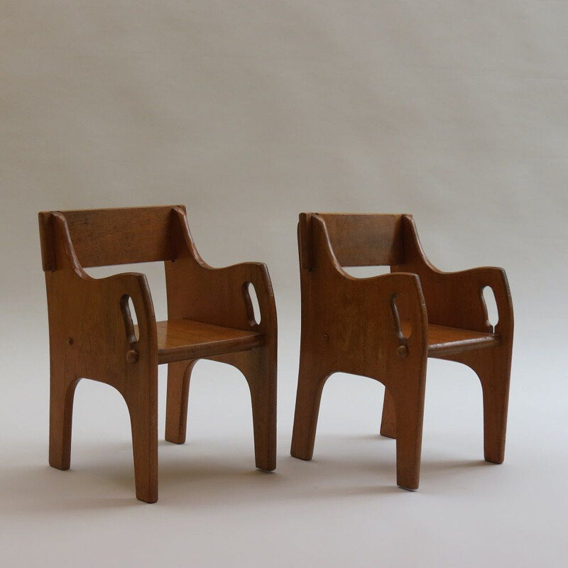 Paire de chaises d'enfant vintage en bois Cc41 1940