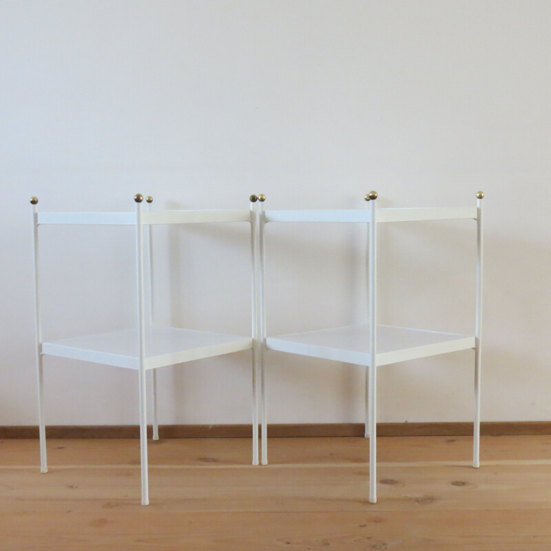 Pair of vintage White Metal Bedside Cabinets With Brass Detail 1960s