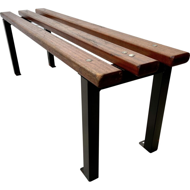 Vintage School Hallway Bench Teak and Metal