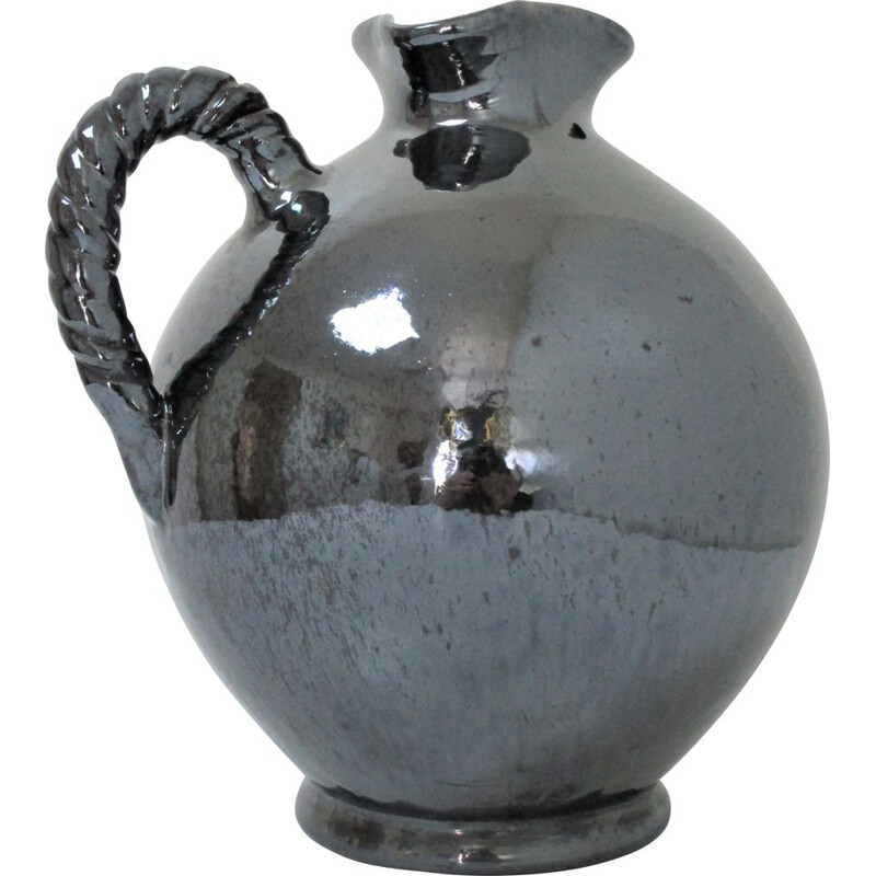 Vintage ceramic pitcher with pearly black glaze by Reinhold Rieckmann