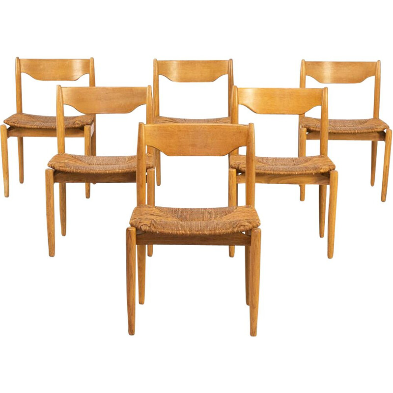 Set of 6 vintage Wicker and wooden dining chair 1970s