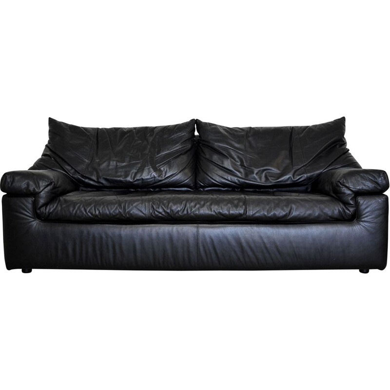 Vintage black leather sofa by Cinna 1980s