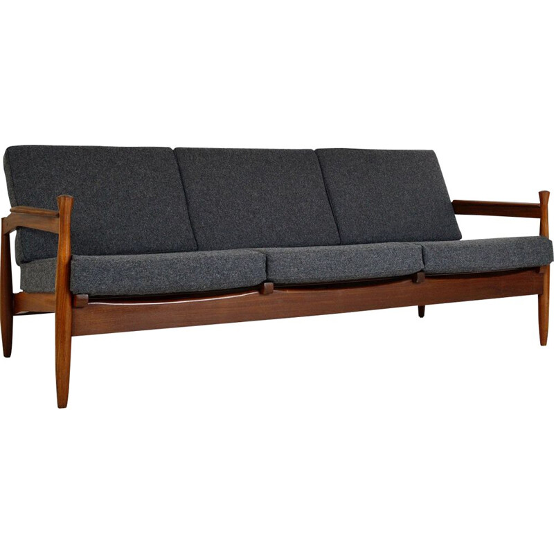 Vintage Modern African Teak Guy Rogers Grey Three-seat Sofa, English 1960s