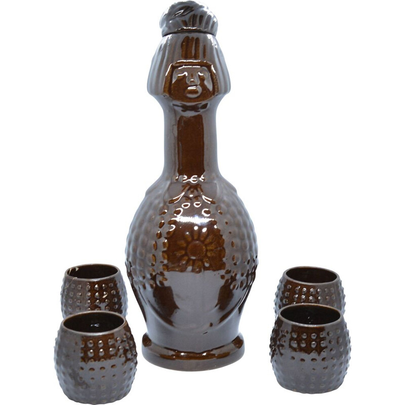 Vintage ceramic decanter and glasses by Bronisław Wolanin, Poland 1960