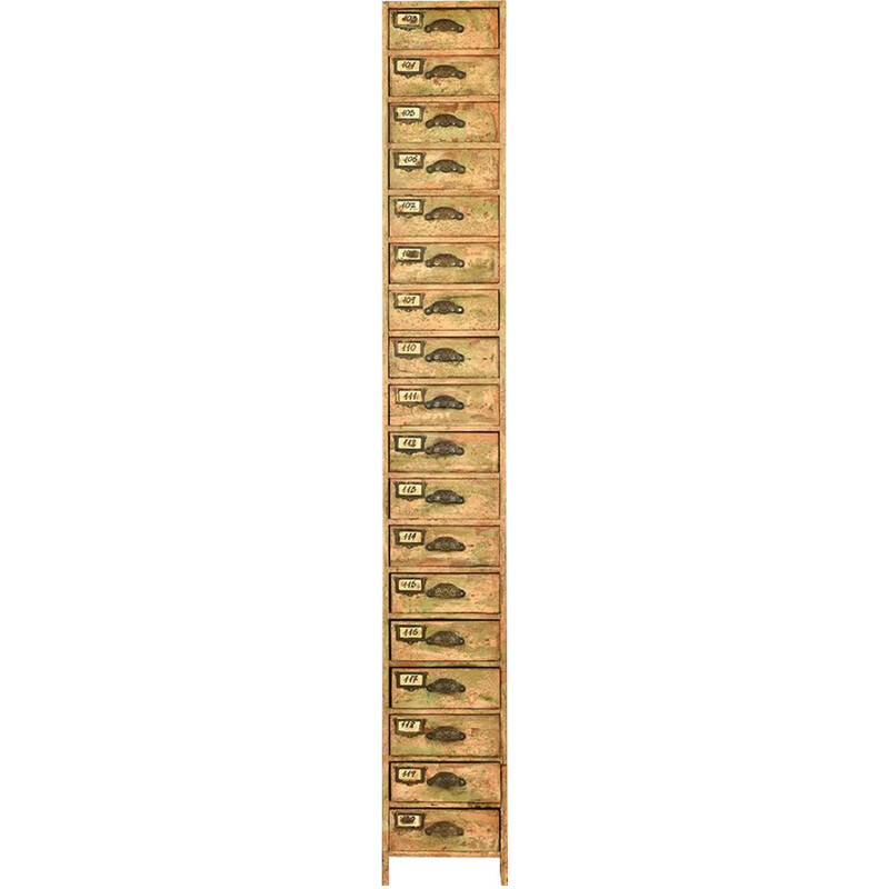 Coluna de oficina de madeira patinada Vintage com 18 gavetas, França