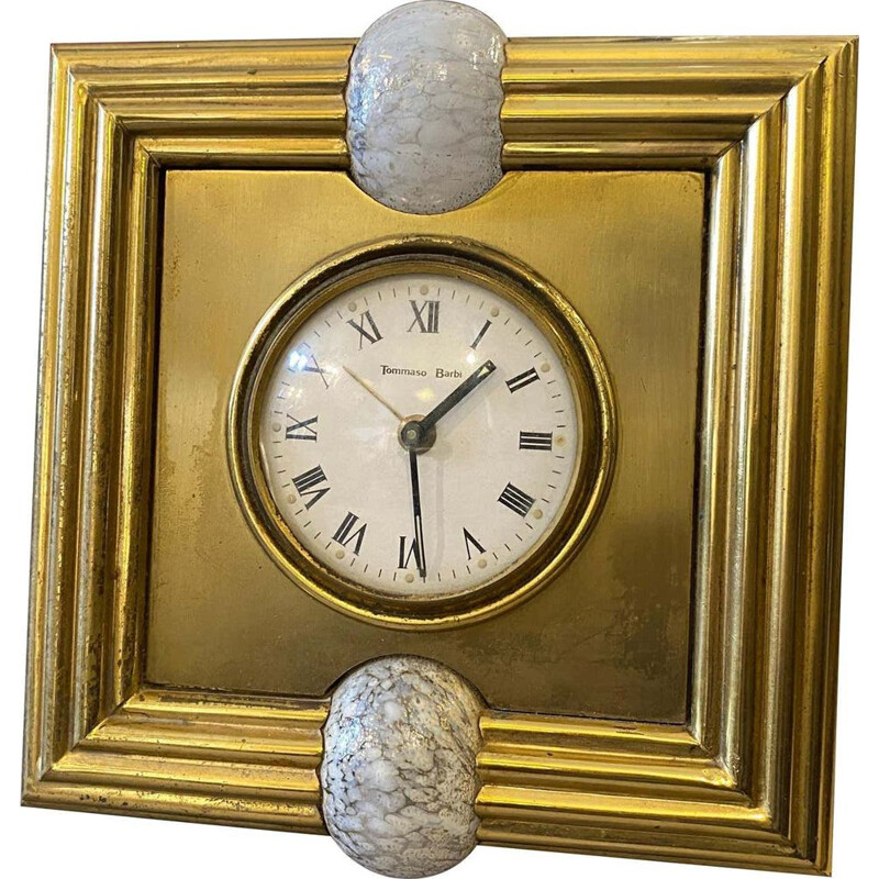 Vintage Modern Brass and Murano Glass Table Clock by Tommaso Barbi, Italy 1970s