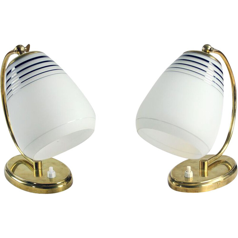 Pair of vintage Bedside Lamps In Brass And Frost Glass Kamenicky Senov, Czechoslovakia 1960s