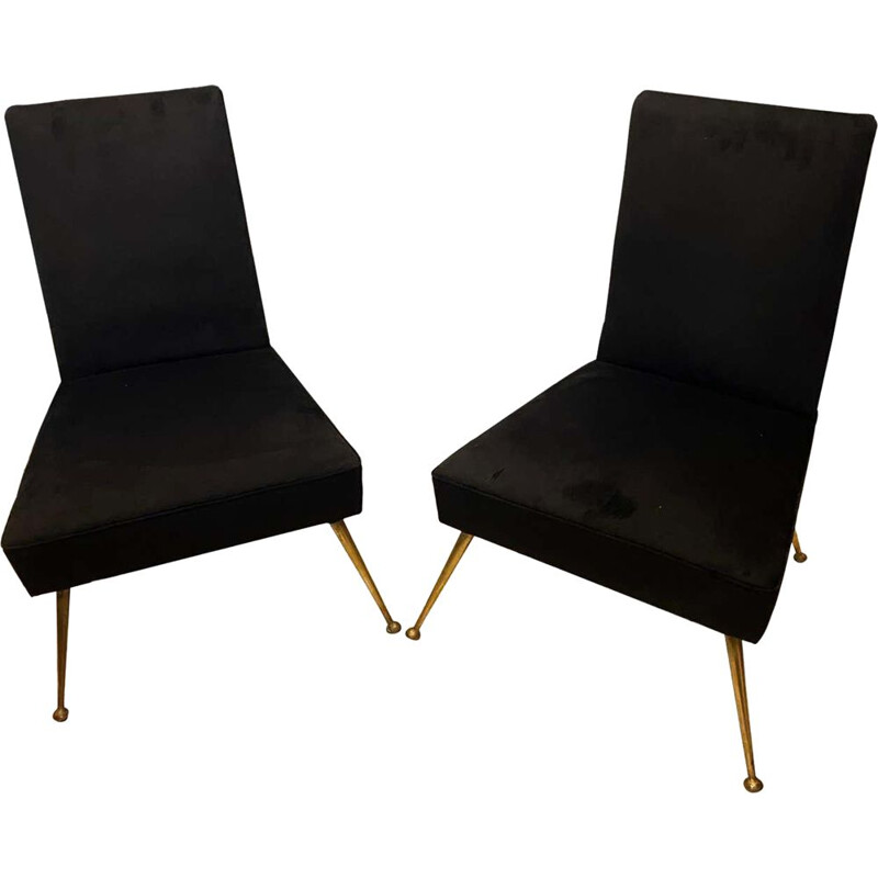 Pair of vintage Modern Brass and Black Velvet Armchairs, Italian 1950s