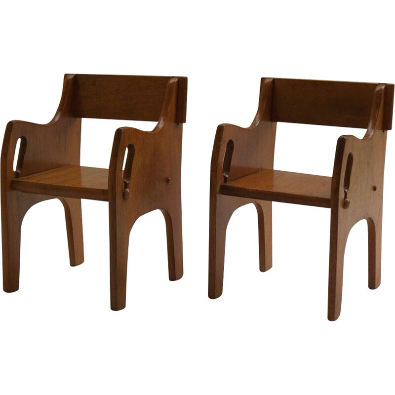 Par de sillas infantiles de madera de época Cc41 1940