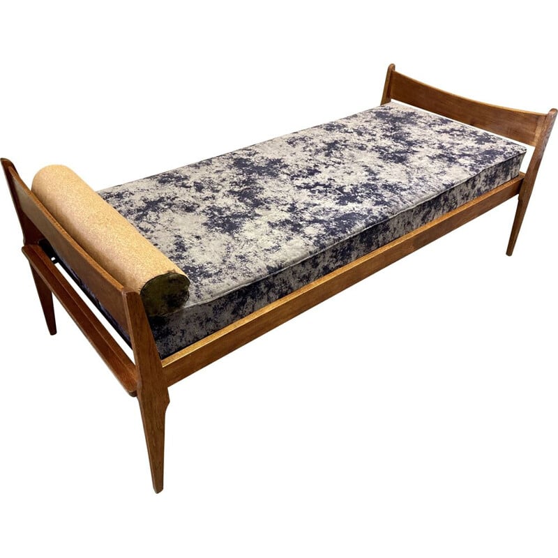 Canapé lit vintage en chêne velours et liège gris 1950