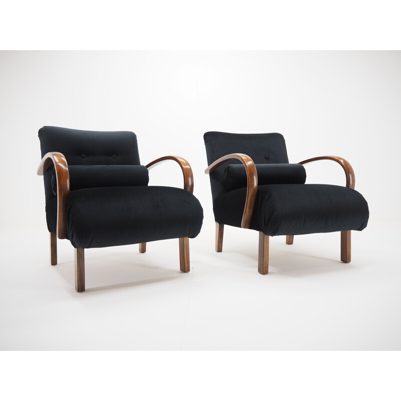 Pair of vintage wood and fabric armchairs by Jindřich Halabala, Czechoslovakia 1940