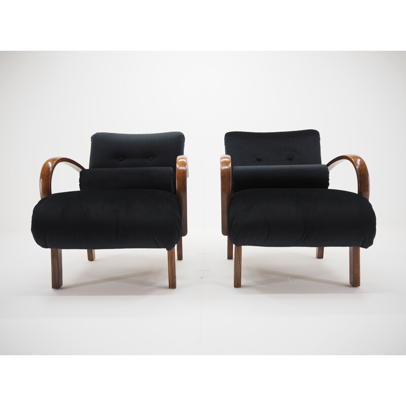 Pair of vintage wood and fabric armchairs by Jindřich Halabala, Czechoslovakia 1940