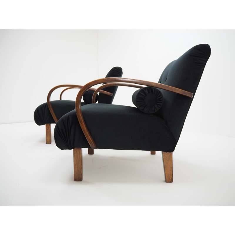 Pair of vintage wood and fabric armchairs by Jindřich Halabala, Czechoslovakia 1940