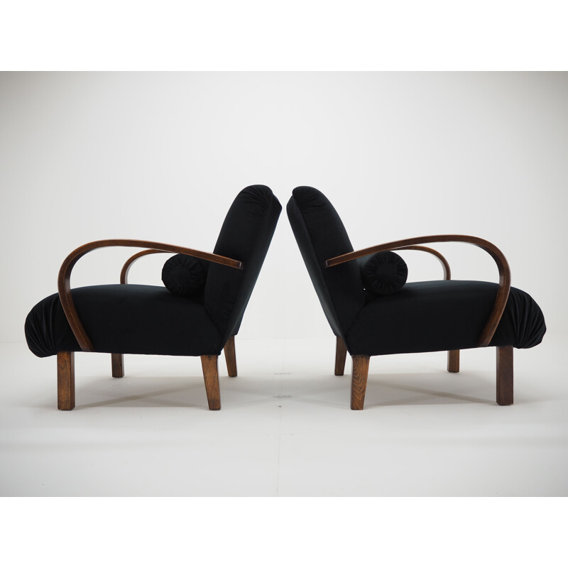 Paar vintage houten en stoffen fauteuils van Jindřich Halabala, Tsjechoslowakije 1940