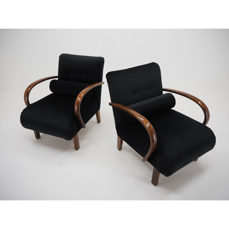 Paar vintage houten en stoffen fauteuils van Jindřich Halabala, Tsjechoslowakije 1940